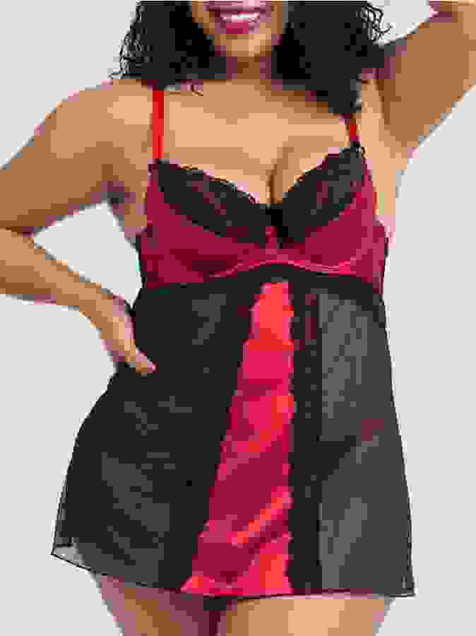 Lovehoney Plus Size Empress Red Satin and Lace Chemise Set, Red, hi-res